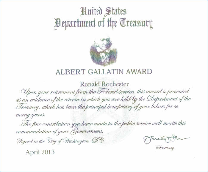 Gallatin Award-RRochester. for Police Commissioner of Port Washington New York
